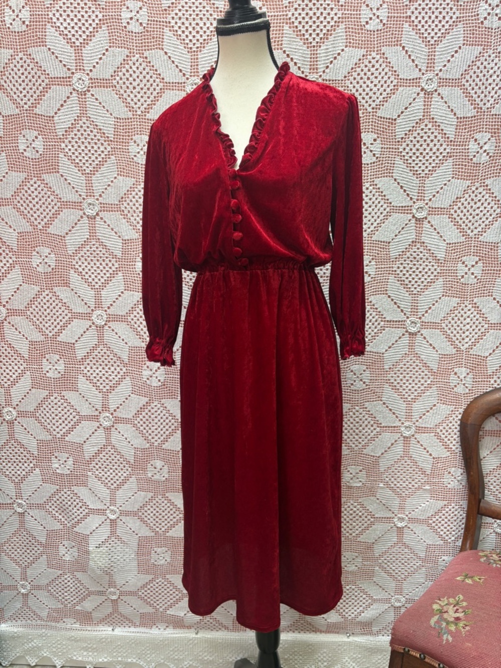 Vintage Red Velvet Dress | Ruffle Button Front Sz M